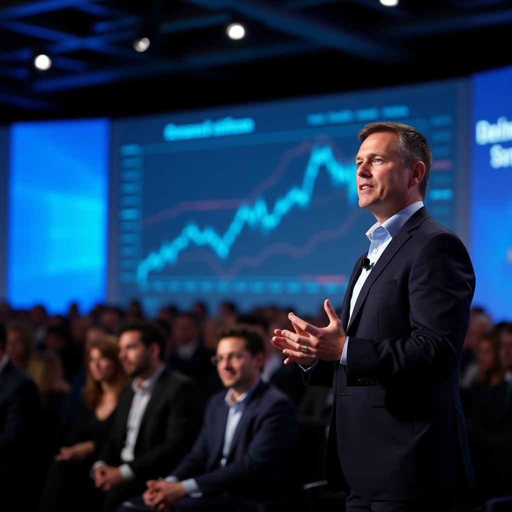 Conferencia de economía con un orador en el escenario